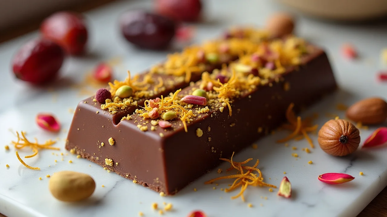 Luxurious chocolate bar topped with pistachios and saffron, served with Arabic coffee.