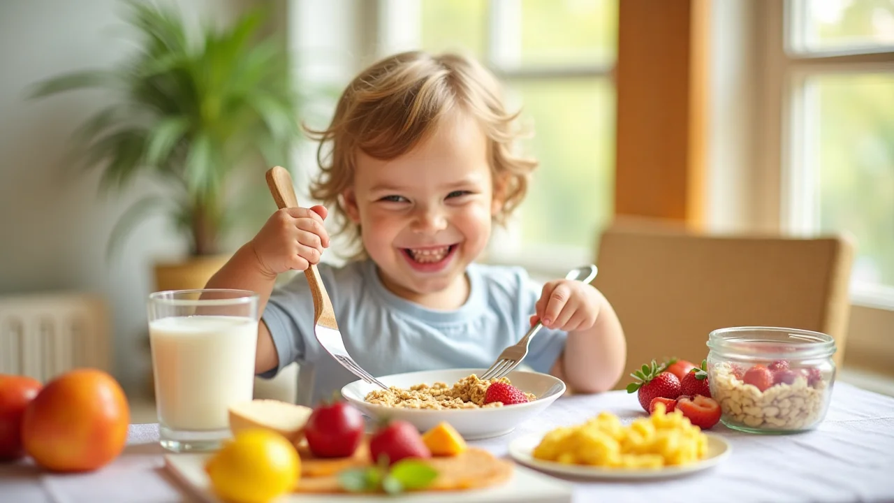 A happy toddler eating a colorful breakfast with fruits, oatmeal, scrambled eggs, and milk on a bright and cheerful table.