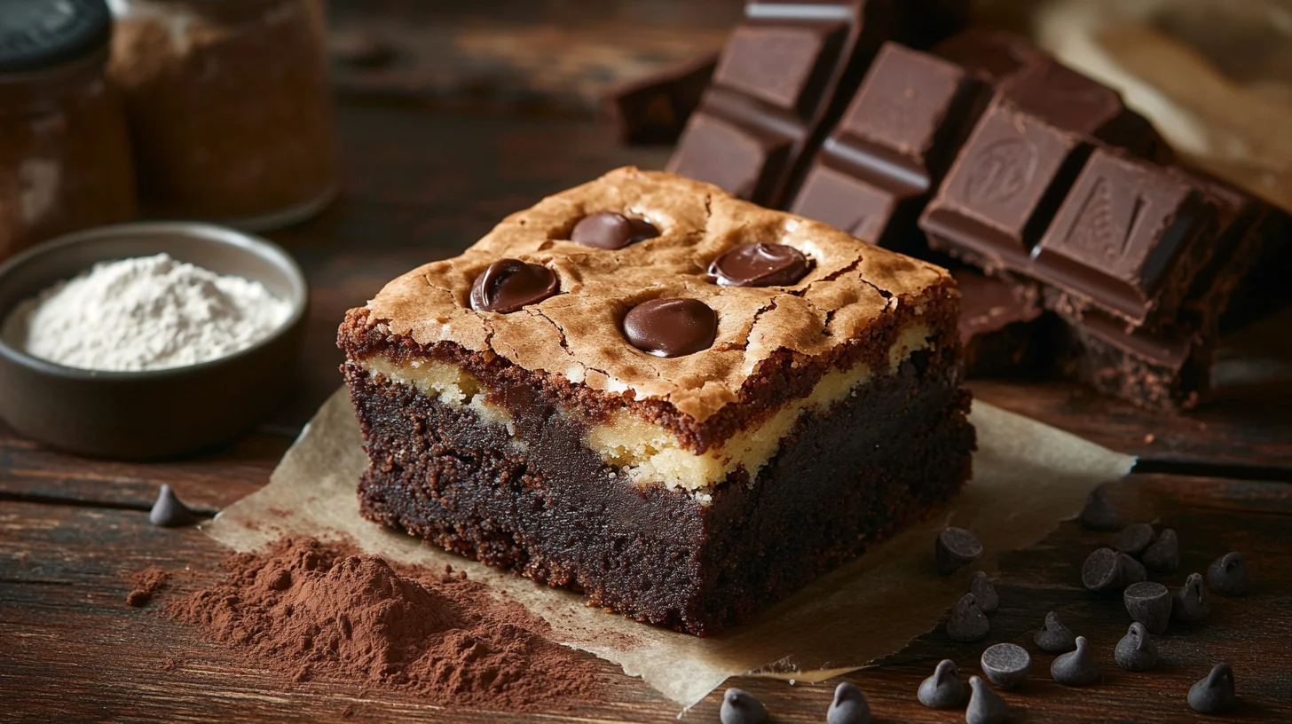 A close-up shot of perfectly baked brookies with distinct brownie and cookie