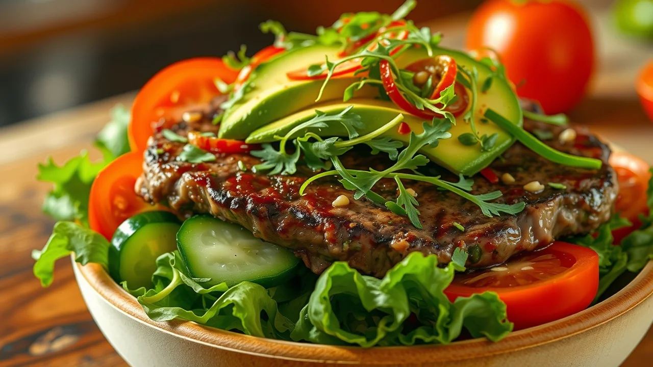 A colorful burger bowl with beef, avocado, and vegetables