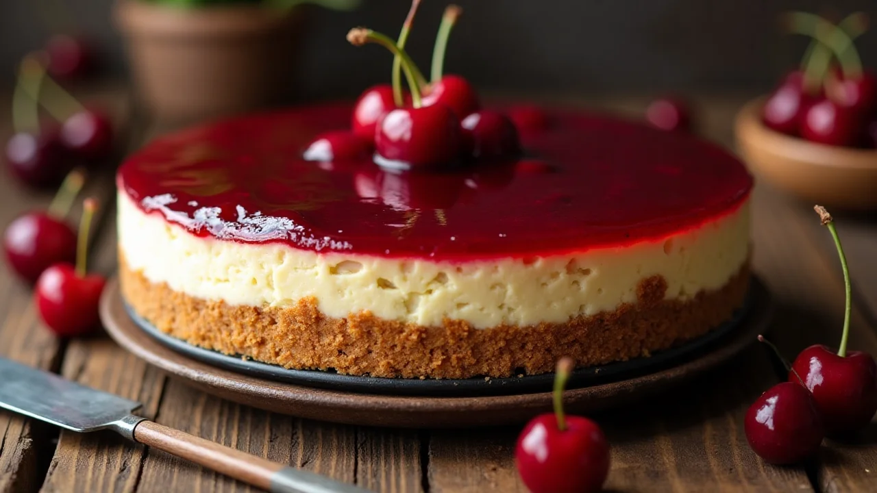 A freshly baked cherry cheesecake with a glossy cherry topping on a wooden table.