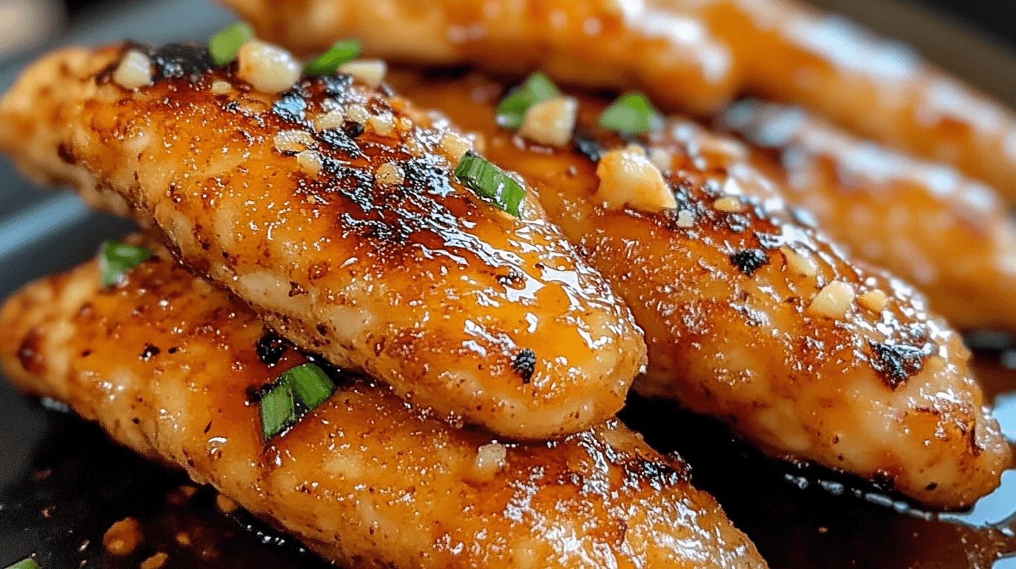 Apple and honey-glazed chicken tenders with fresh garnishes.