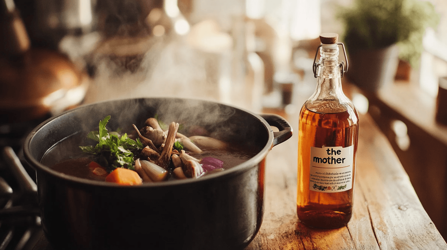 Bone broth simmering with apple cider vinegar bottle on a wooden countertop.