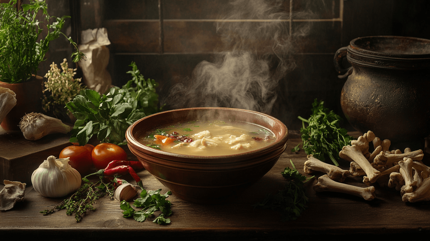 Bowl of bone broth with vegetables and herbs on a rustic table.