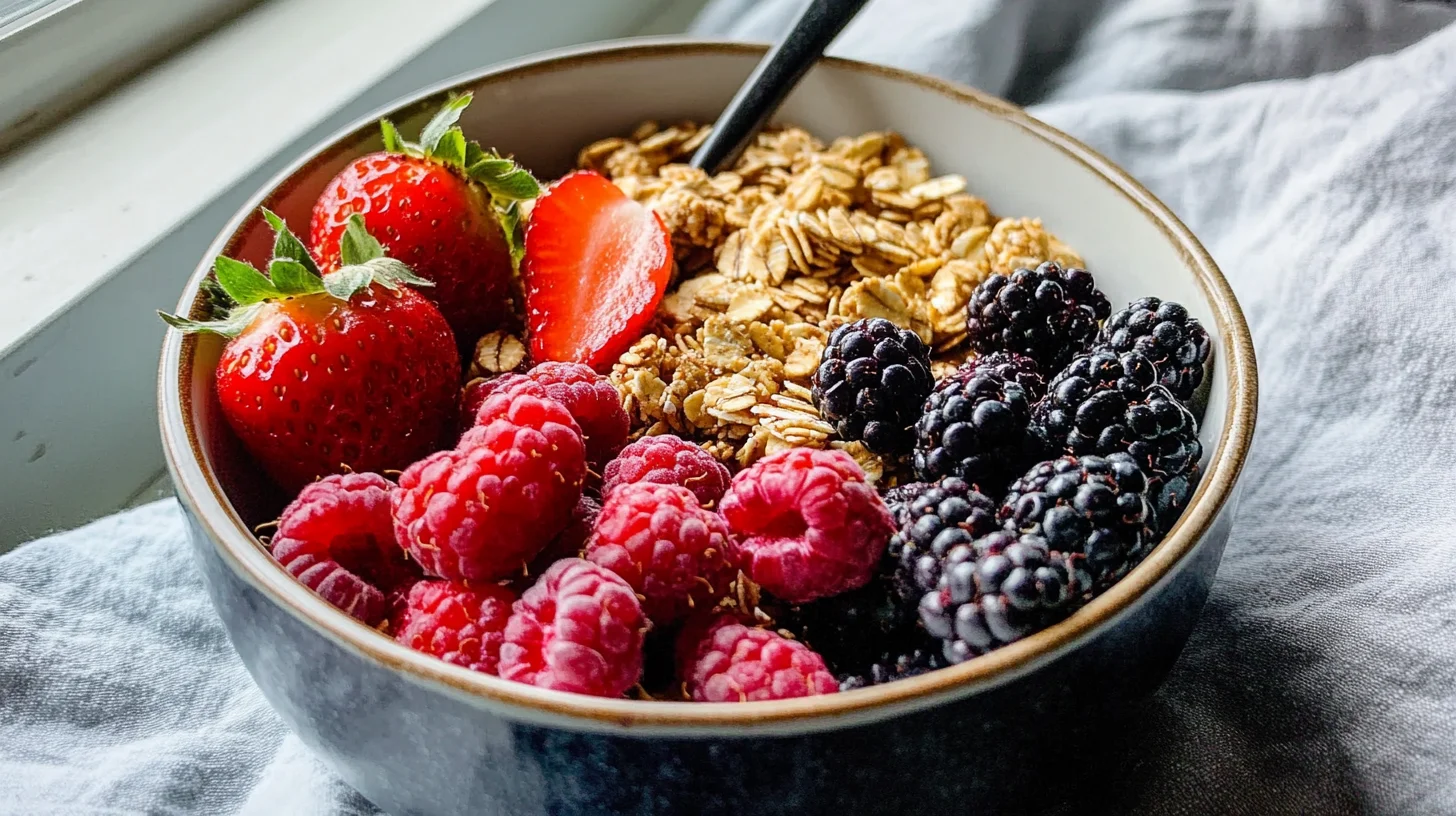 A bowl of gluten-free granola with fresh berries and almond milk.