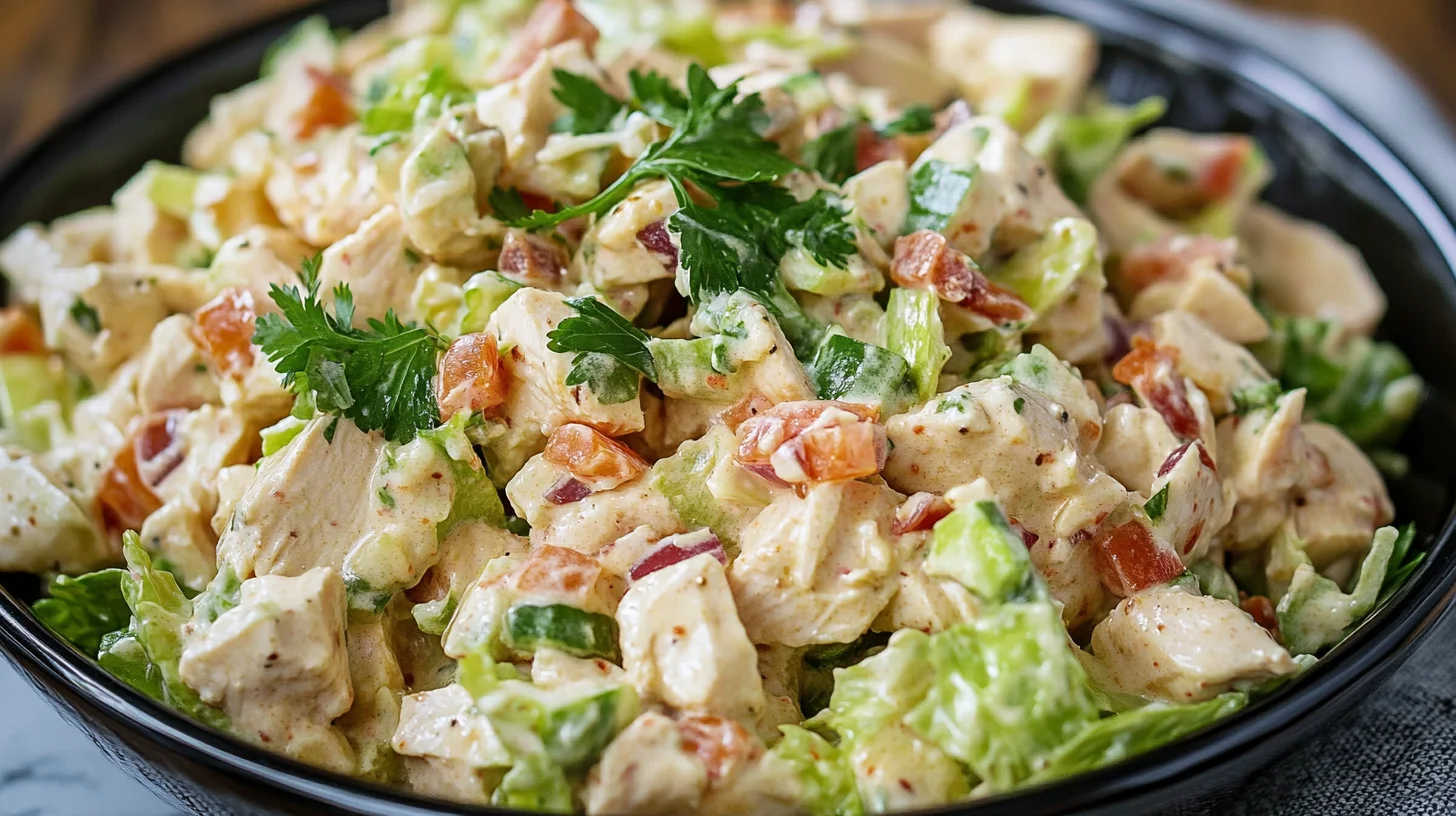 Bowl of fresh chicken salad with a side of crackers