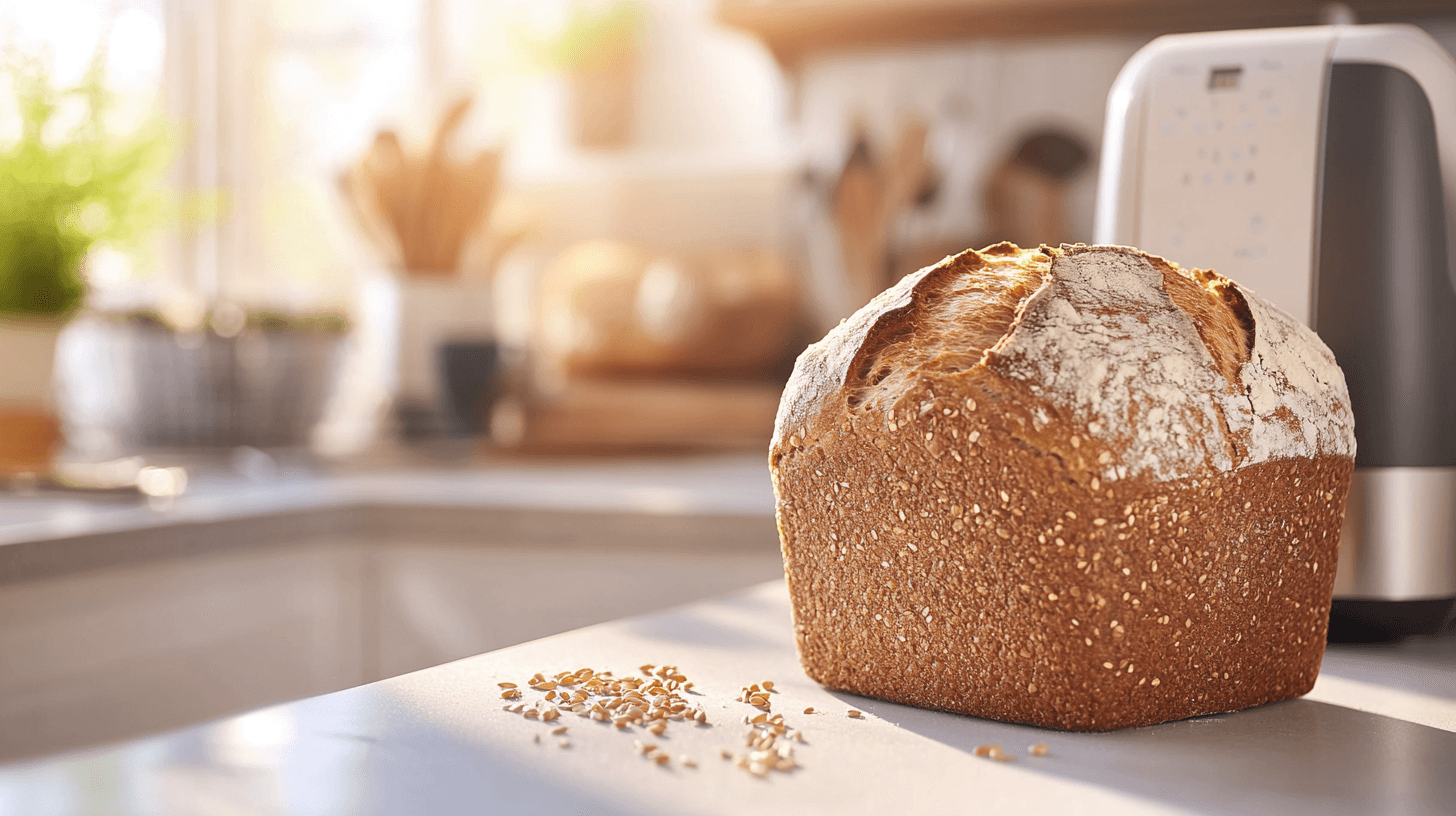 Freshly baked whole grain bread next to a bread machine in a kitchen.