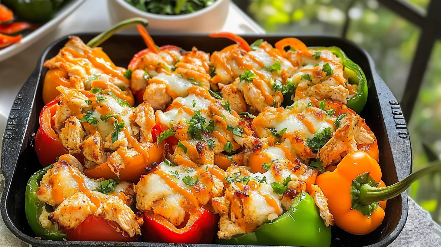 Buffalo chicken stuffed peppers garnished with green onions and ranch dressing