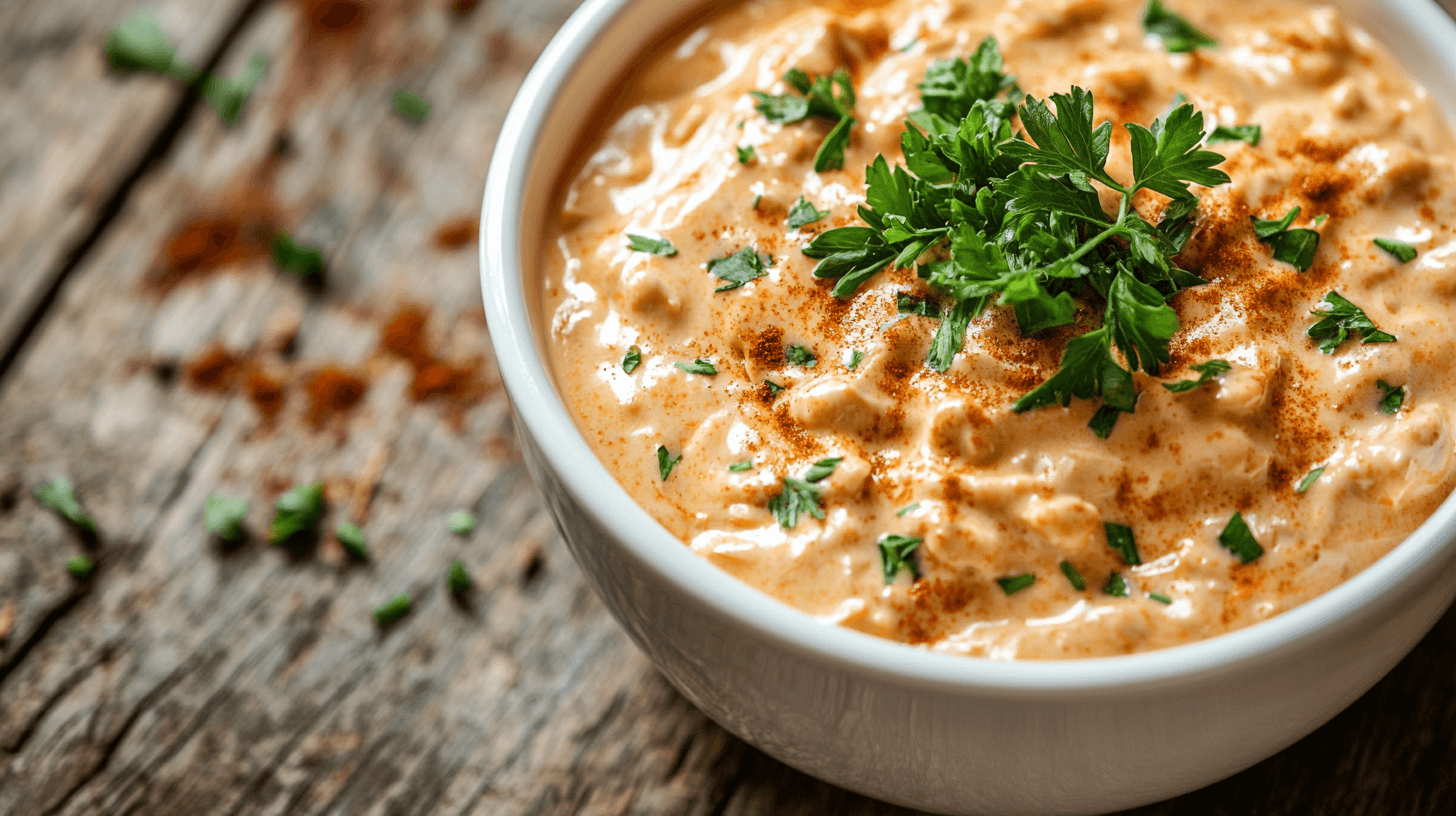 A bowl of creamy Cajun Alfredo Sauce garnished with parsley