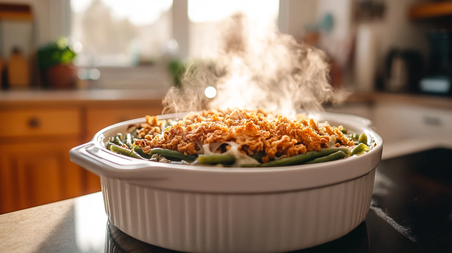 A close-up of a green bean casserole with crispy fried onions on top.