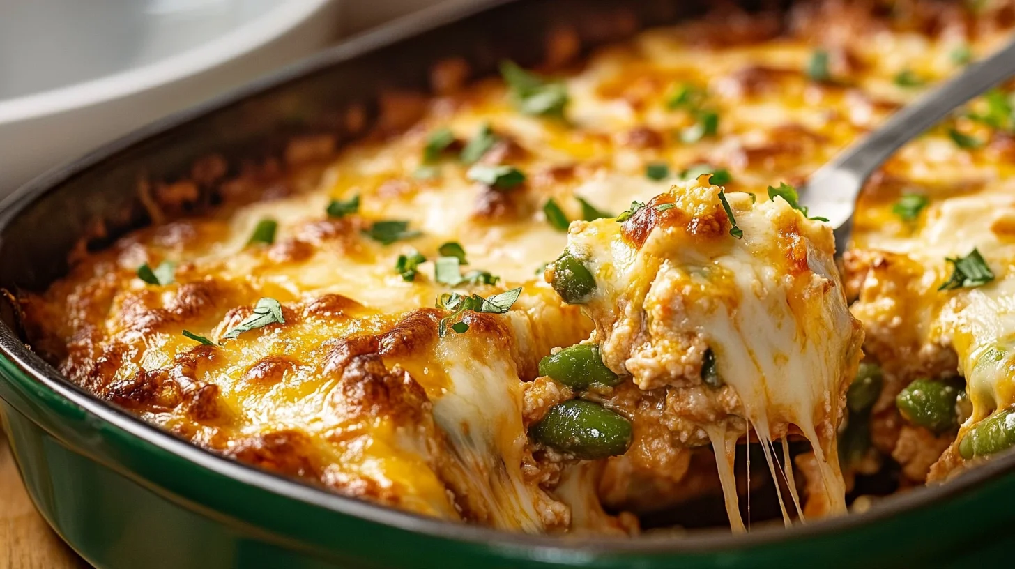 A golden-brown cheesy green bean casserole in a baking dish with a crispy topping