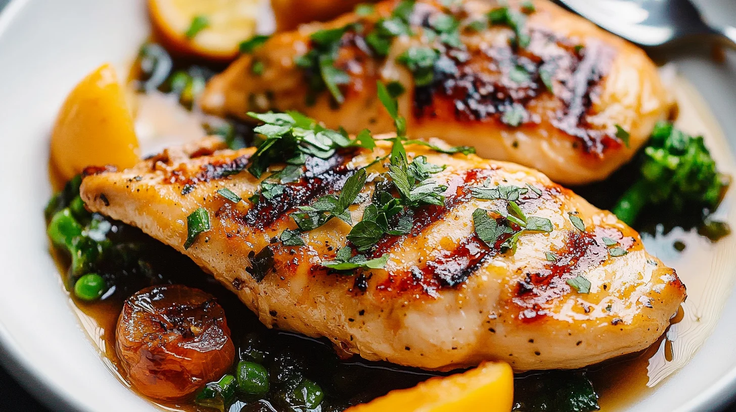 A well-plated Chicken Piccata with lemon slices and capers on a white plate.