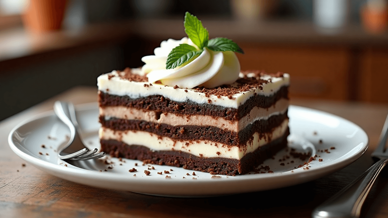 Chocolate lasagna on a white ceramic plate, featuring visible layers of cookie crust, cream cheese filling, chocolate pudding, and whipped cream, topped with chocolate shavings and a mint sprig, placed on a rustic wooden table with a silver fork beside it.