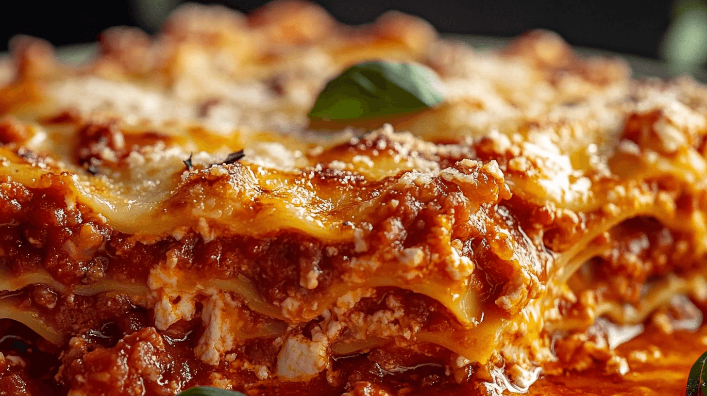 A freshly baked lasagna with golden cheese topping.