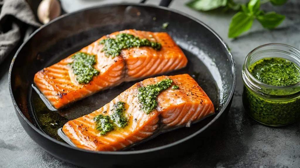 A skillet with salmon cooking, pesto sauce in a jar nearby