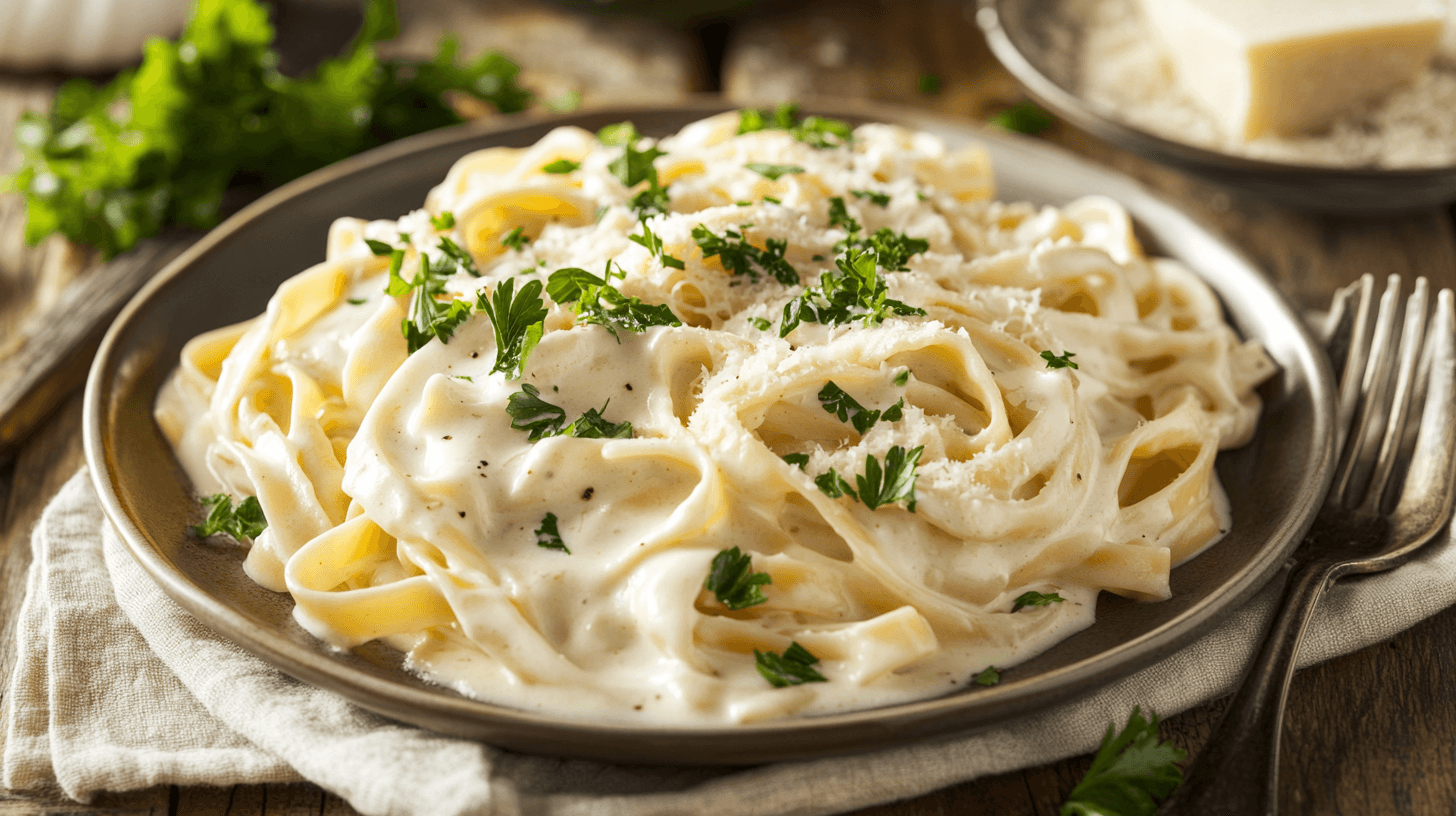 A plate of creamy vegetarian Alfredo pasta garnished with parsley