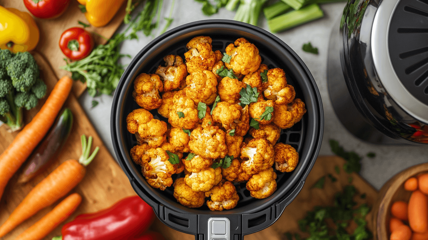 A bowl of crispy air-fried cauliflower with fresh herbs next to an air fryer.