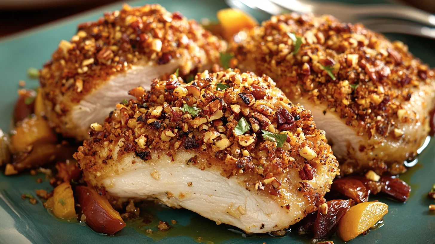 Pecan crusted chicken served with roasted vegetables