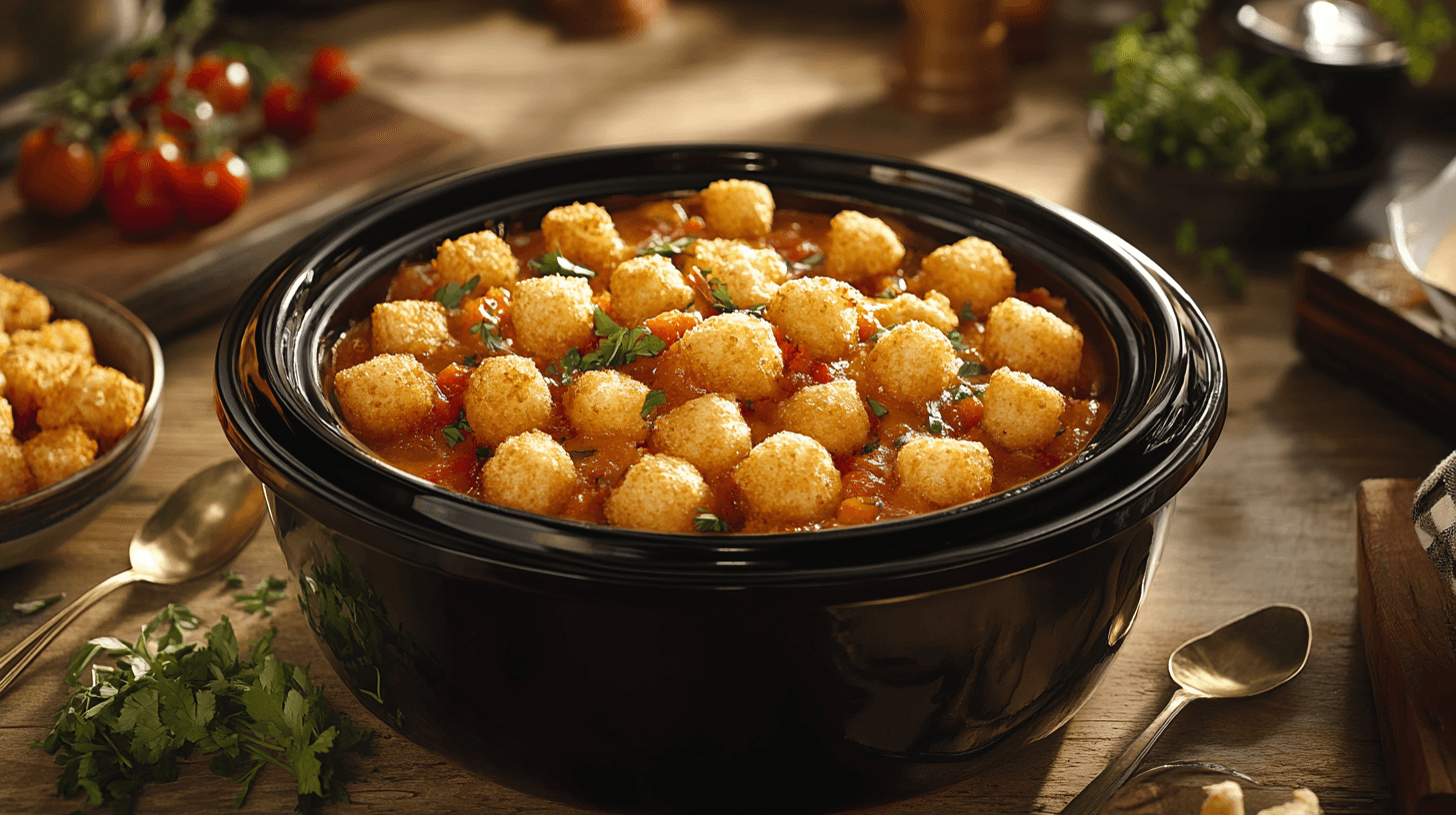 A crock pot filled with golden tater tot casserole on a rustic kitchen table.