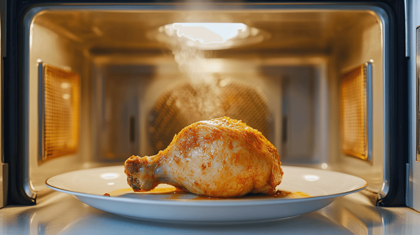 Chicken being defrosted in a microwave.