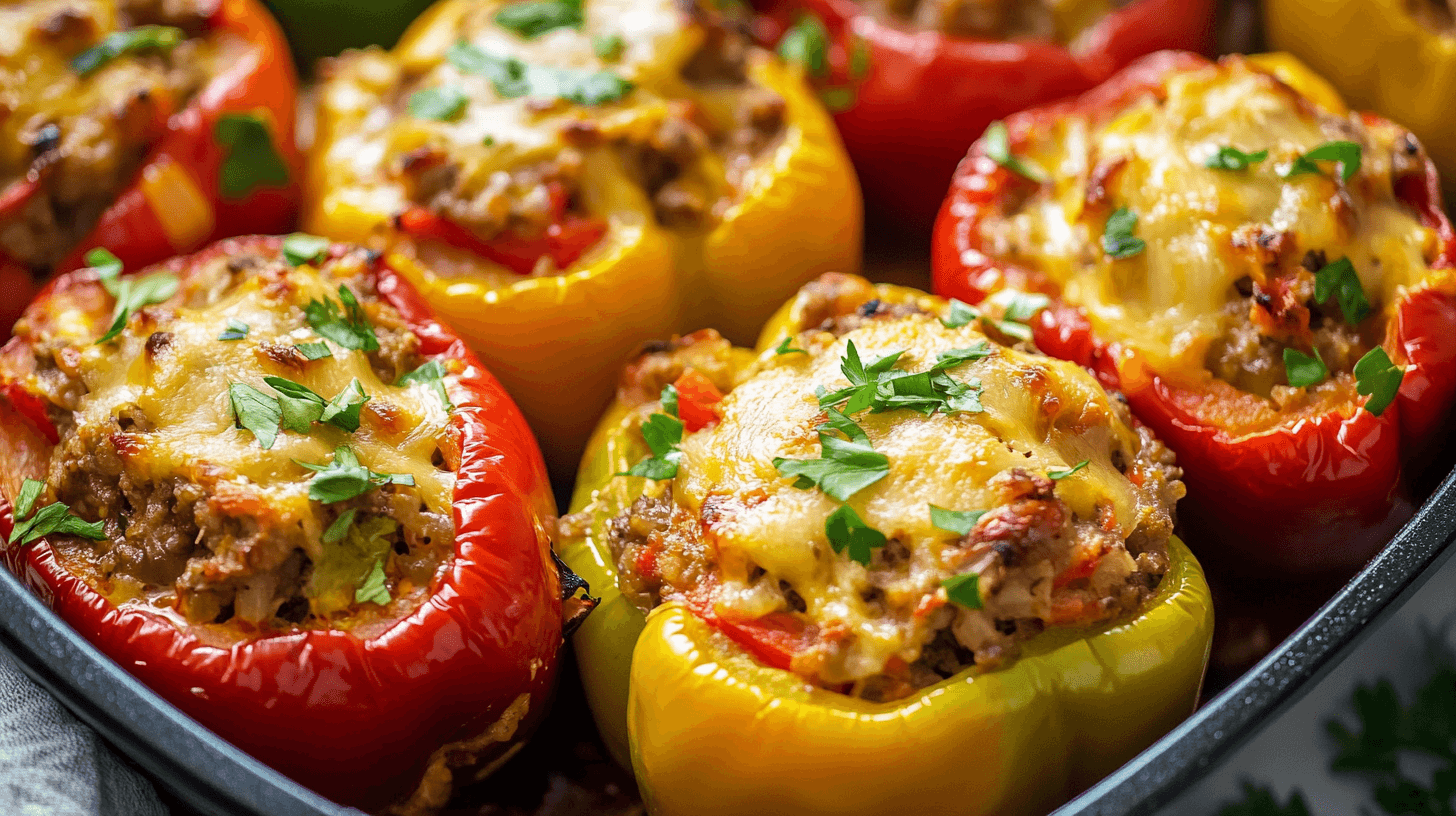 A plate of vibrant stuffed bell peppers cooked in an Instant Pot.A plate of vibrant stuffed bell peppers cooked in an Instant Pot.