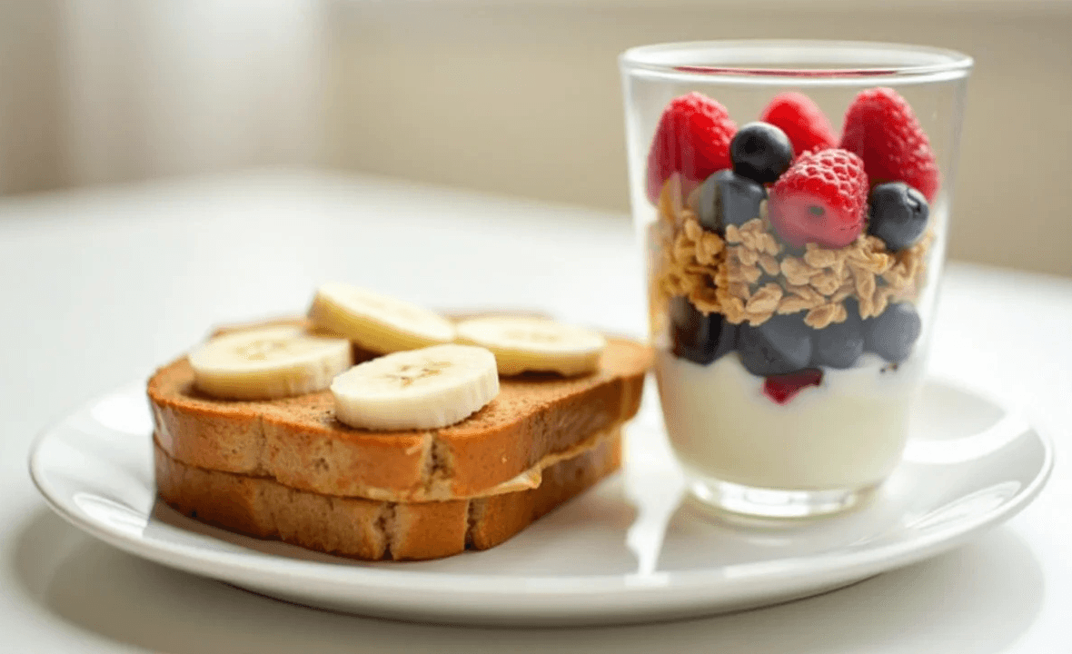 A toddler-friendly breakfast spread featuring colorful and healthy options