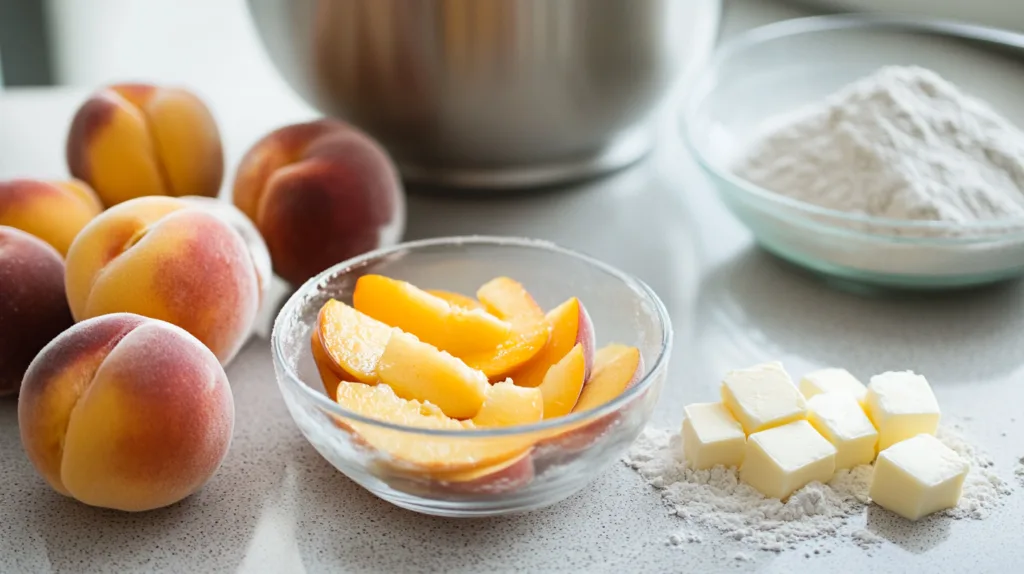 Ingredients for peach cobbler laid out on a counter.