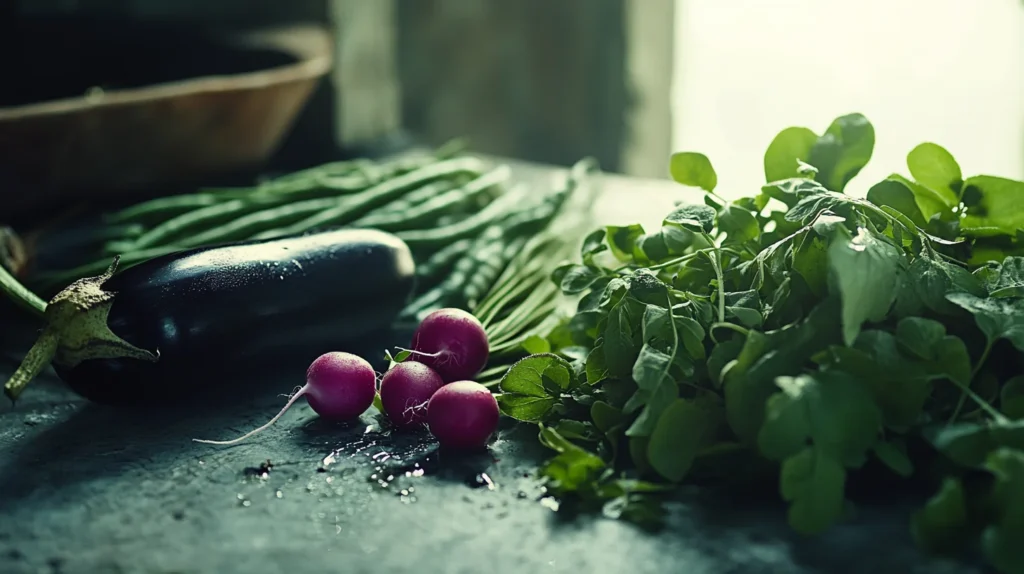 Tamarind, radish, kangkong, and other fresh vegetables for Sinigang.