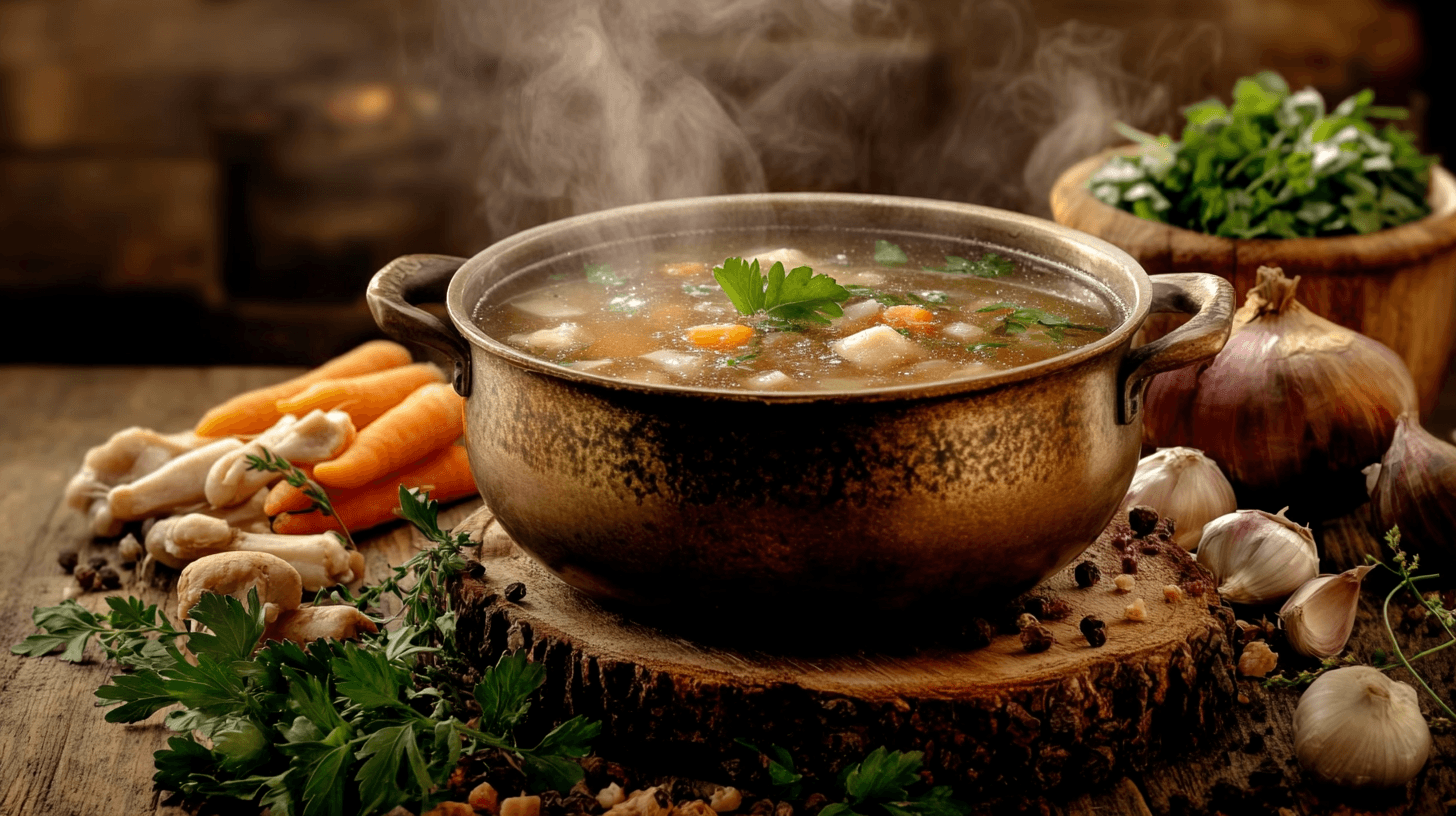 A pot of bone broth with raw ingredients on a table.