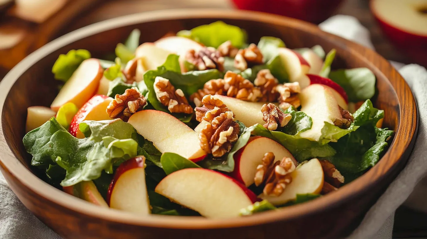 A vibrant Apple Walnut Salad in a white bowl on a wooden table