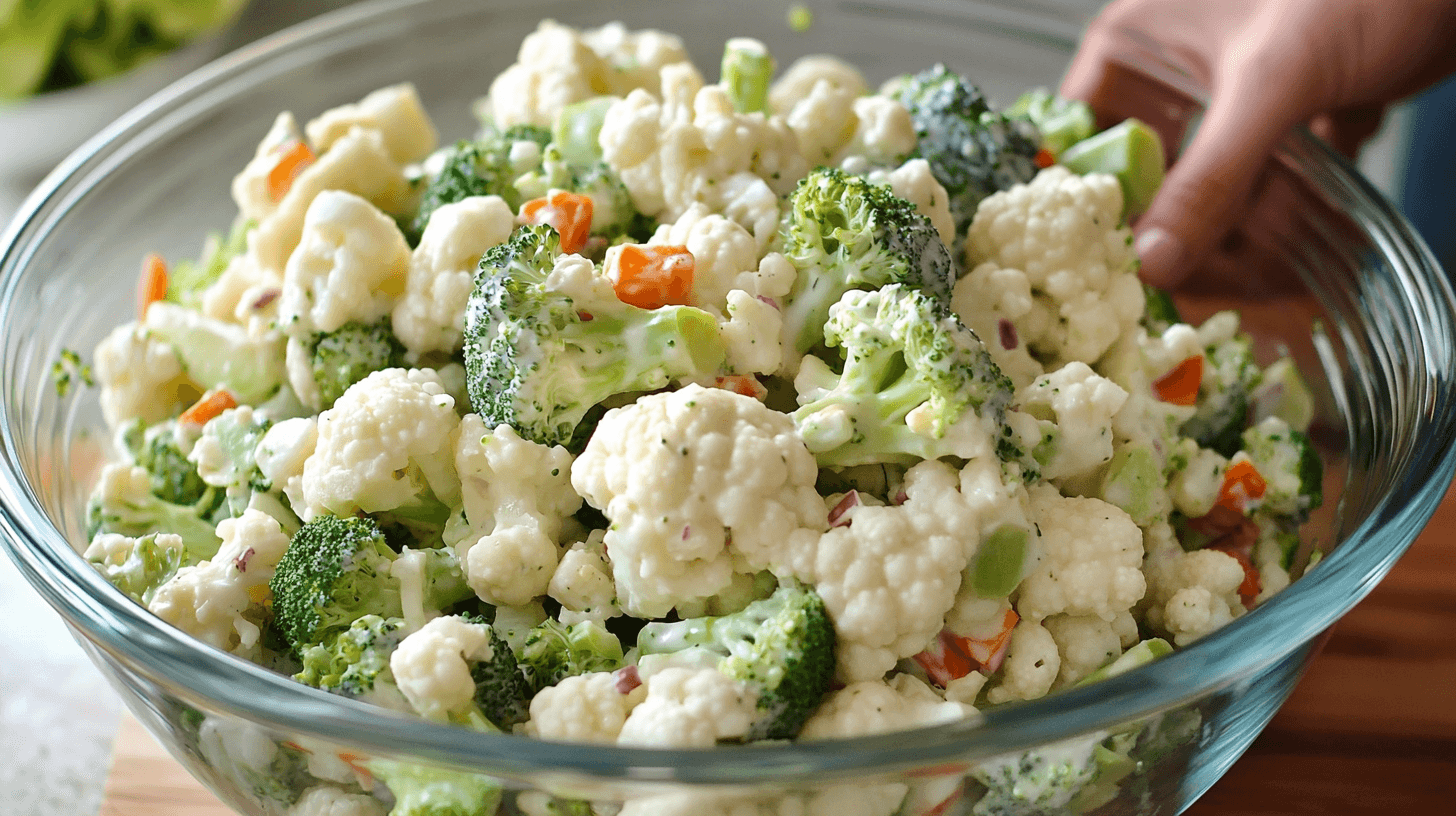 A vibrant bowl of broccoli cauliflower salad with dressing