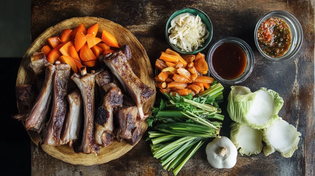 Ingredients for Sinigang, including tamarind pods, pork ribs, and fresh vegetables.