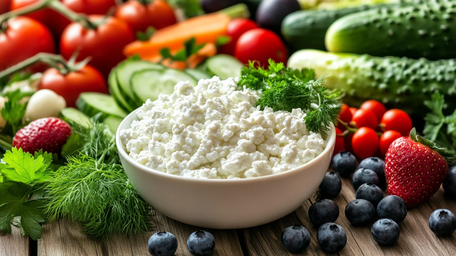 Fresh cottage cheese in a bowl surrounded by colorful ingredients