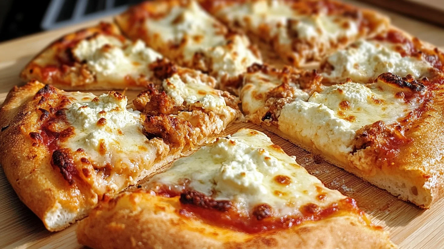 A freshly baked ricotta pizza with spinach and tomatoes on a wooden table.