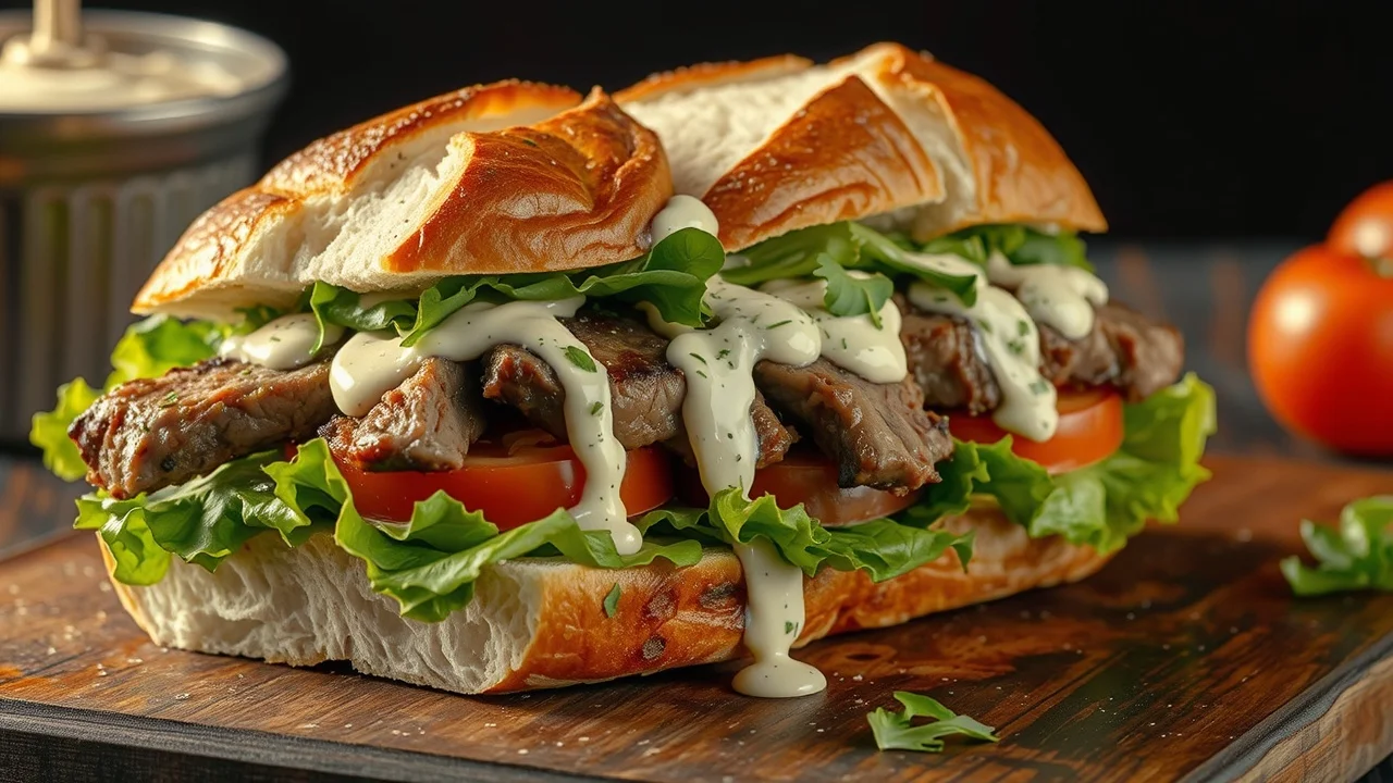 A Tri-Tip sandwich with fresh toppings on a wooden board