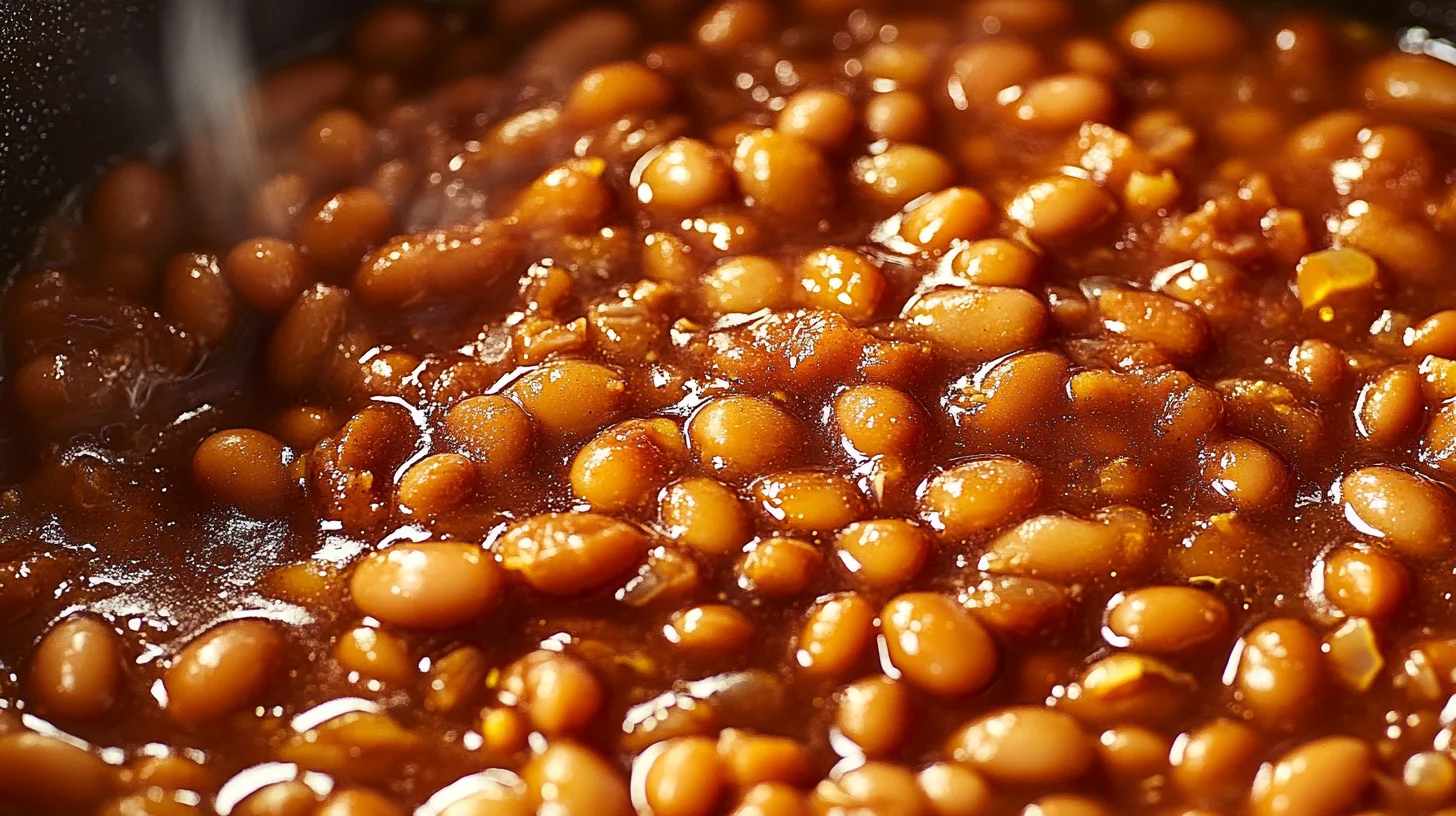 Freshly baked beans in a rustic skillet