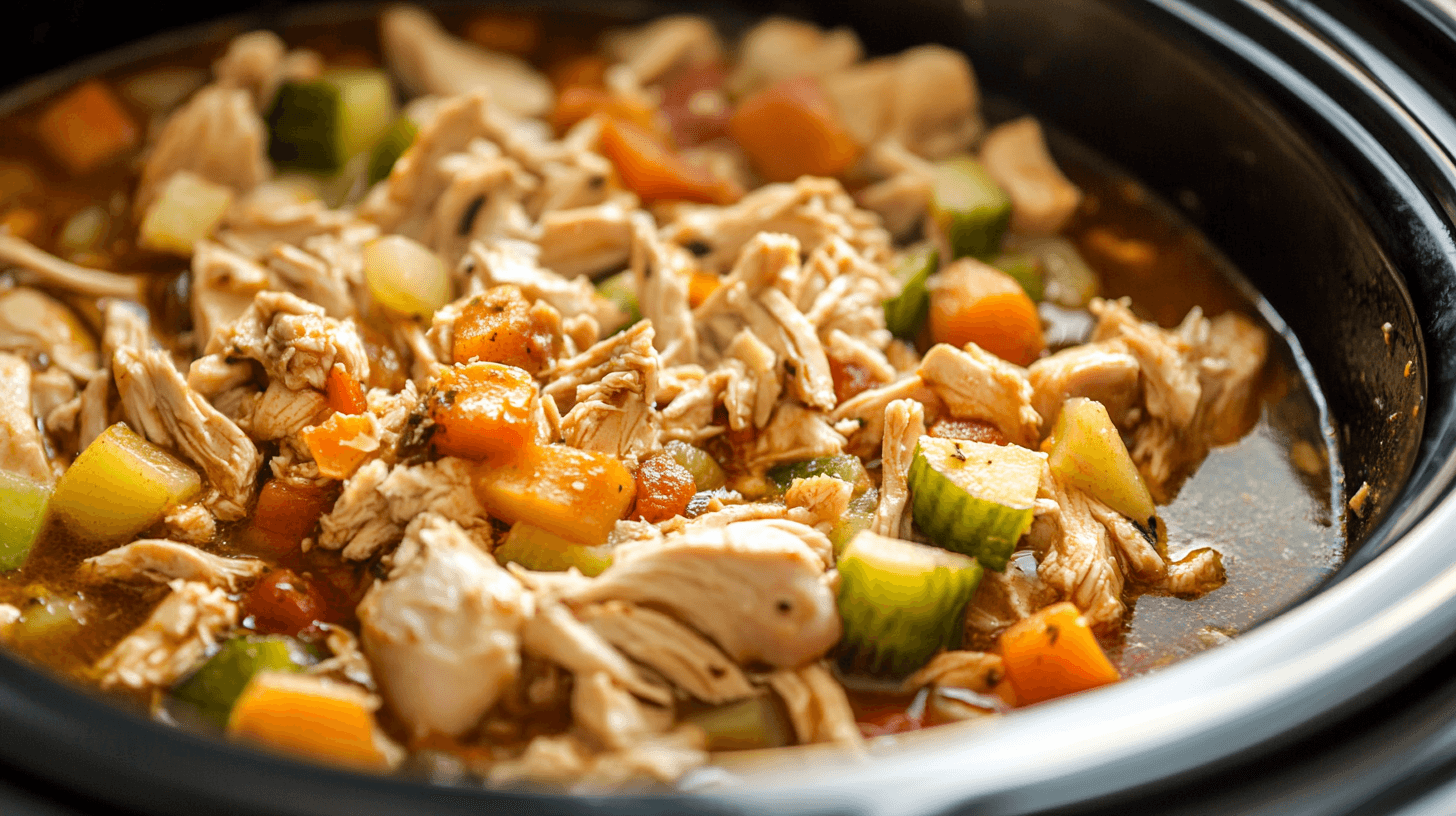 Slow cooker filled with colorful vegetables and frozen chicken