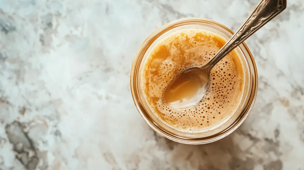 Gelatin from bone broth in a jar with health benefits labeled.