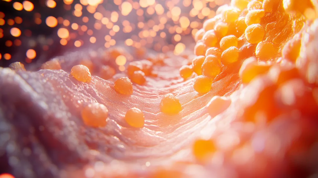 Medical illustration of gut lining showing inflammation and healing.
