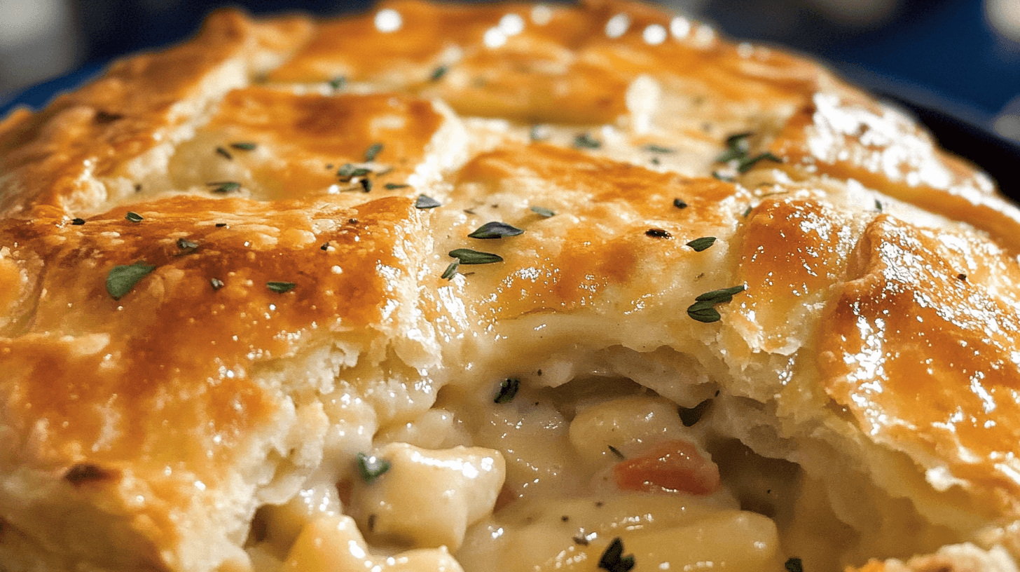 A freshly baked healthy chicken pot pie with a golden brown crust.