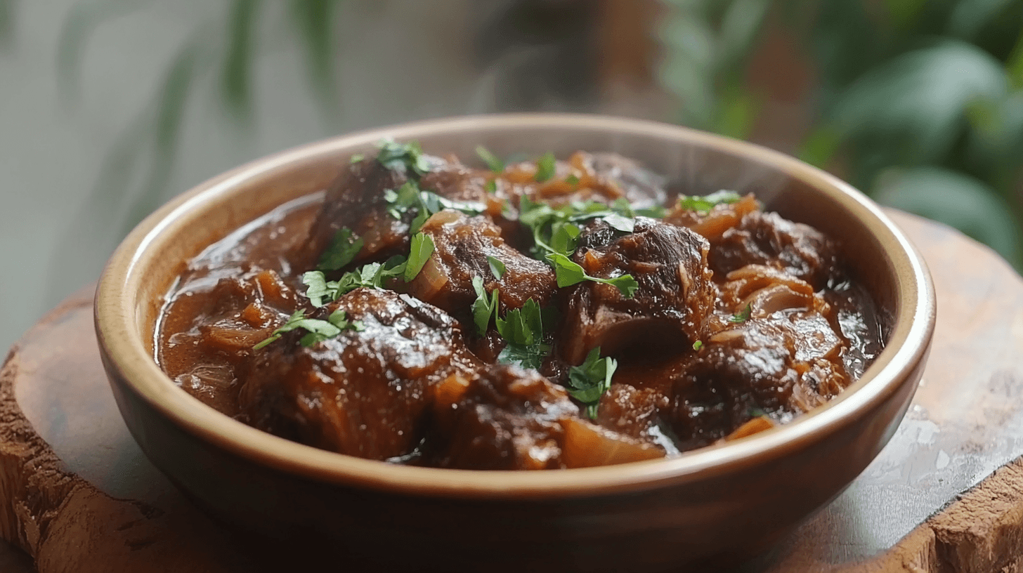 Instant Pot oxtail stew served in a bowl with garnish and bread.