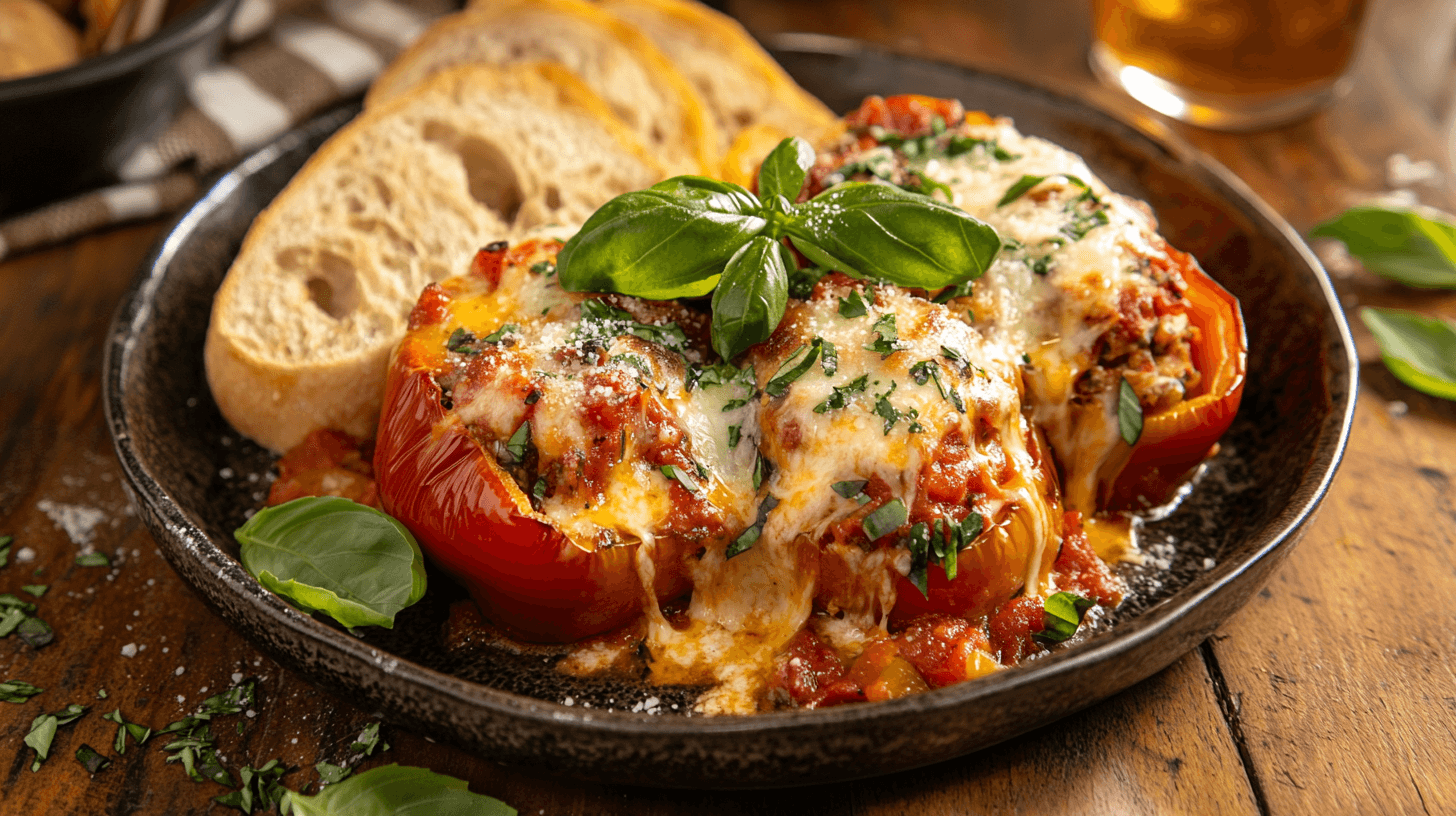 Plate of Italian stuffed bell peppers with cheese and basil garnish.