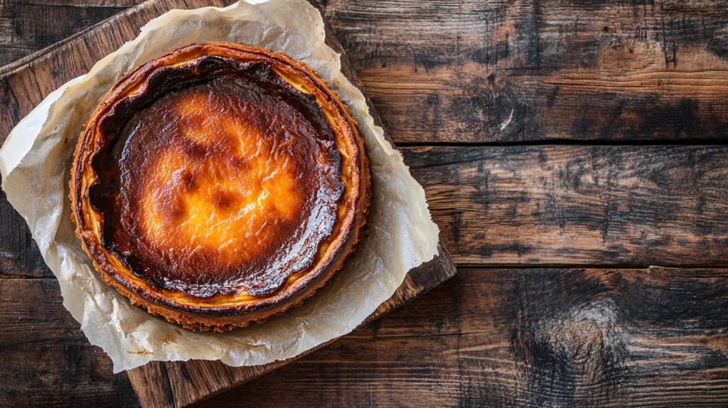 Burnt Basque cheesecake on parchment paper.