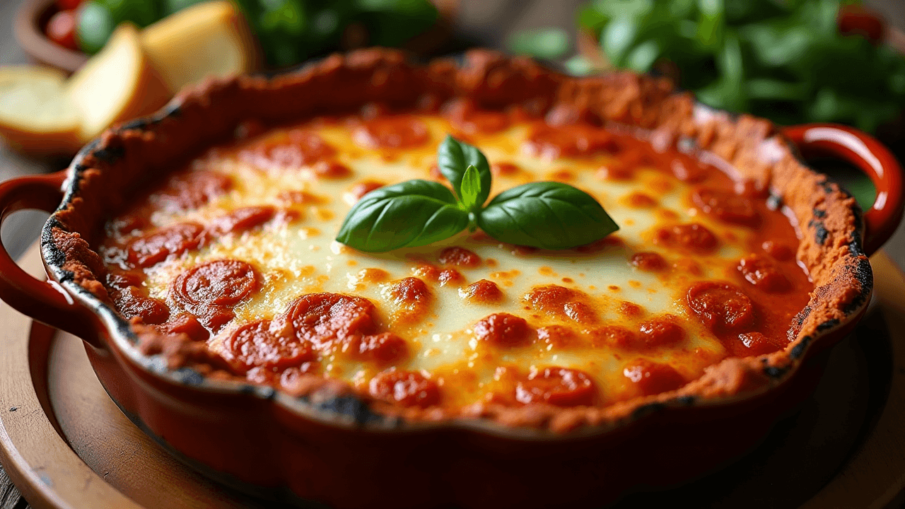 Freshly baked lasagna in a casserole dish with golden, bubbly cheese, garnished with basil, served on a rustic wooden table alongside garlic bread and salad