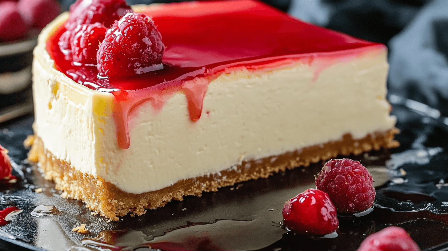 Slice of New York cheesecake with strawberry garnish on a white plate.