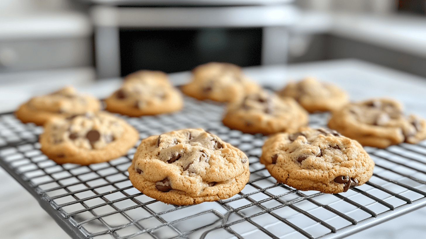 Freshly baked chocolate chip cookies on a cooling rack.