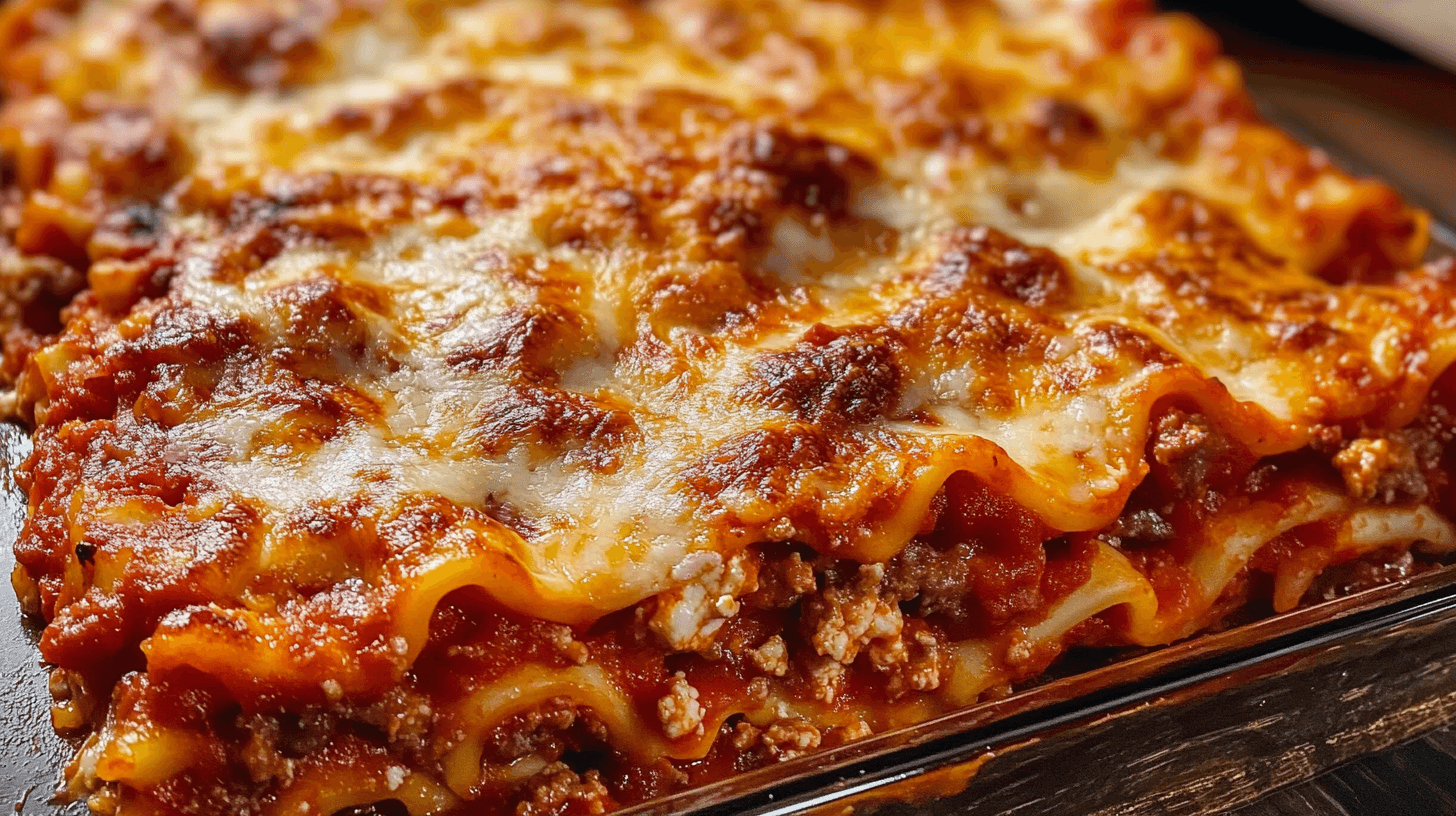 A freshly baked lasagna with layers of noodles, sauce, and cheese.