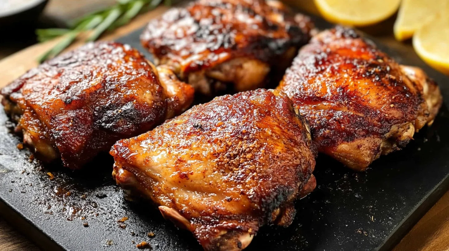 Smoked chicken thighs with a crispy skin on a wooden platter