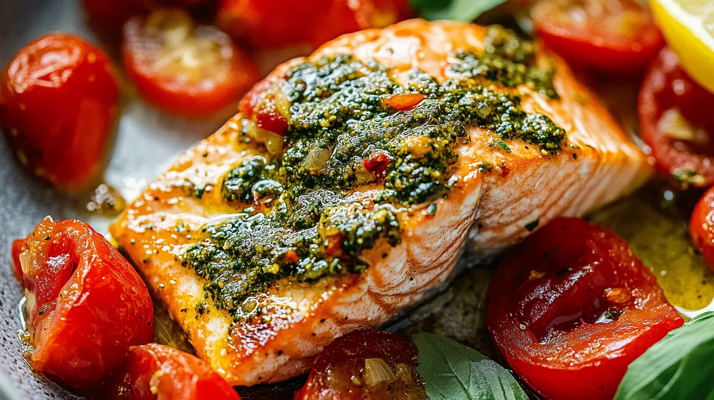 Pesto salmon served on a white plate with roasted vegetables and a lemon wedge