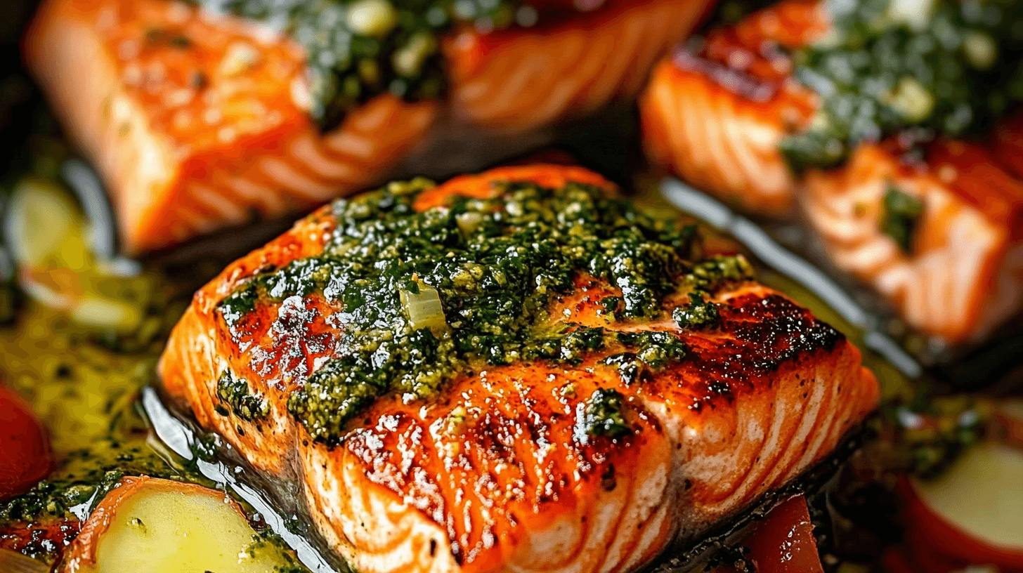 Salmon topped with vibrant green pesto sauce, served on a white plate with fresh basil and lemon wedges